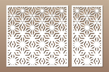 Set decorative card for cutting. Linear geometric mosaic pattern. Laser cut. Ratio 1:1, 1:2. Vector illustration.