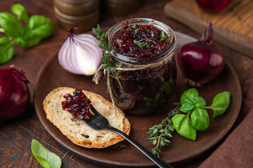 homemade red onion jam ( confiture) in a jar - obrazy, fototapety, plakaty