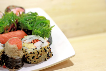 Mixed Sushi on wood table, Soft and Selective focus.