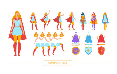 Superhero Character Constructor Isolated, Trendy Flat Design Elements Set. Female Superhero in Various Poses, Body Parts, Face Expressions, Colorful Cape, Face Mask, Shield and Weapon Illustrations © TeraVector