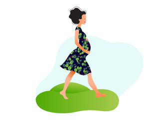 Pregnant woman walking. Active well fitted pregnant female character. Happy pregnancy. Yoga and sport for pregnant. Flat cartoon vector illustration