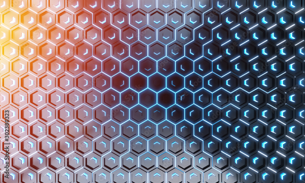 Poster glowing black blue and orange hexagons background pattern on silver metal surface 3d rendering