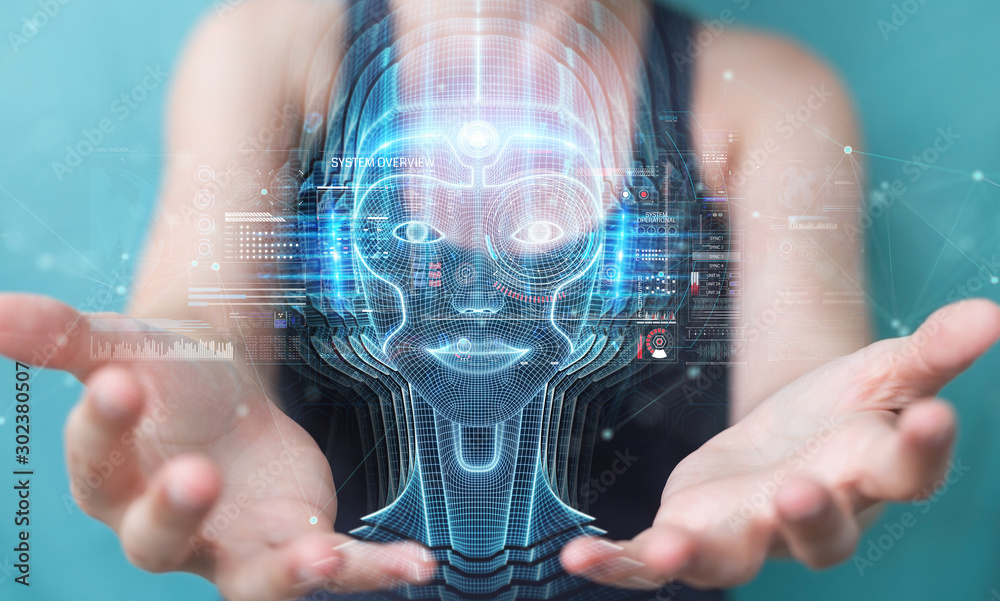 Leinwandbilder woman using digital artificial intelligence head interface 3d rendering