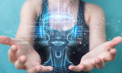 Woman using digital artificial intelligence head interface 3D rendering