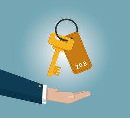 businessman's hand holding key. Real estate, car sale, rent apartments or house concepts. Flat design vector illustration isolated on blue background.