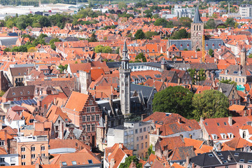 Panoramic aerial view of the old city of Bruges, Belgium