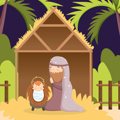joseph with baby jesus hut manger nativity, merry christmas