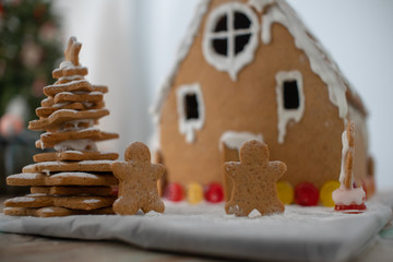Homemade house of gingerbread cookies made for christmas