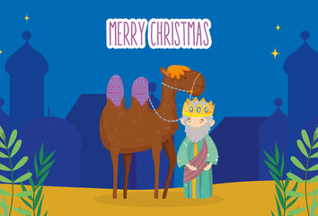 wise king and camel night village manger nativity, merry christmas