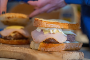 Homemade toast burger style closeup