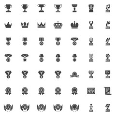 Awards trophy vector icons set, modern solid symbol collection filled style pictogram pack. Signs logo illustration. Set includes icons as award cup, crown reward, star medal ribbon, first place medal