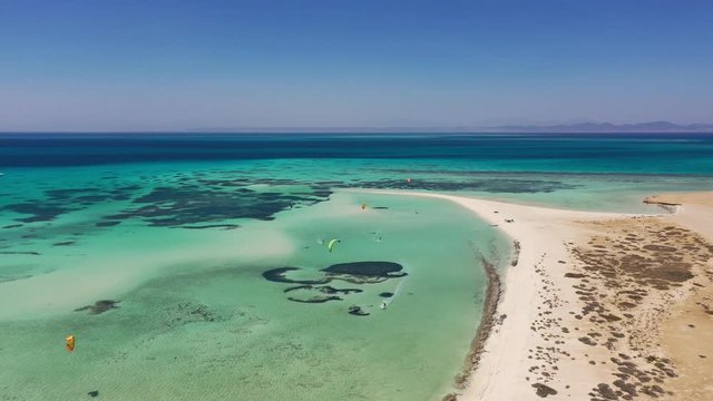 Aerial video of turquoise Island a beautiful kitesurfing at Tawila El Gouna
