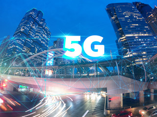 Telecommunications network over the city, smart wireless Internet technology for 5G smart phones