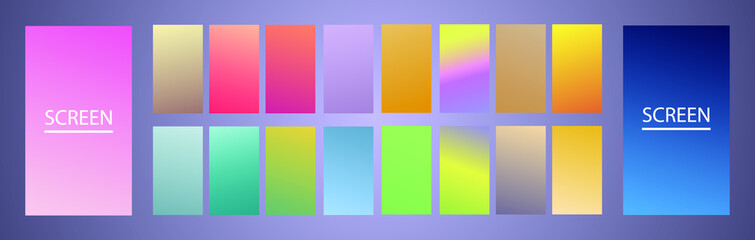 Vector EPS 10 Gradient Set. Different colors. Modern Smartphone screen, mobile app Template. Design for Wallpaper, background, banner, flyer, Social media post. 