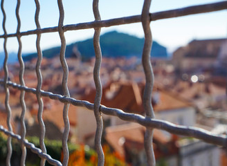 Blurred image of red roof top of old town Dubrovnic ,Croatia,airial view.