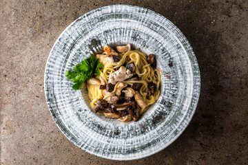 Creamy chicken and mushrooms pasta. Top view horizontal photo.
