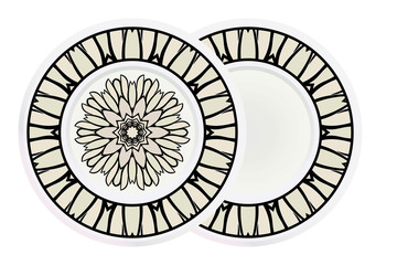 Matching decorative plates for interior designwith floral art deco pattern. Empty dish, porcelain plate mock up design. Vector illustration. White, grey color