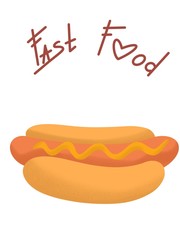Hot dog with mustard and sausage. Fast food