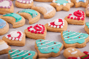 beautiful New Year and Christmas colorful cookies photographed on a wooden background