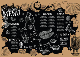 Christmas menu template. Happy New Year party. Hand drawn illustration	 - obrazy, fototapety, plakaty