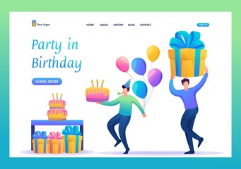 Birthday party with friends. People carry gifts, cake and balloons. Vivid illustration. Flat 2D character. Landing page concepts and web design