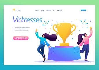 Successful girls celebrate the victory, the winners celebrate with champagne. Flat 2D character. Landing page concepts and web design