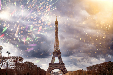 Colorful fireworks in Paris, Eiffel tower.