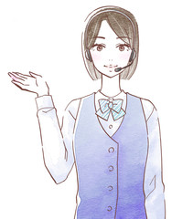 ヘッドセットを付けて右手で案内する若い女性オペレーター