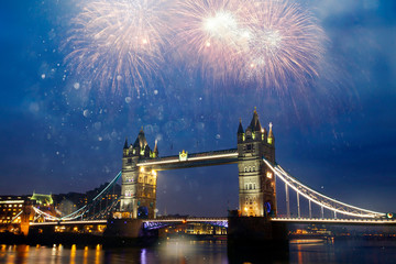Famous Tower Bridge in the evening with fireworks, London, England
