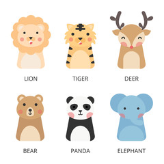 Naklejka premium Cute animals vector. Set of wildlife animal flat design vector. Cute animals isolated on white background.