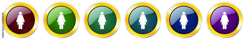 Poster female glossy icon set, silver metallic golden vector illustrations in 6 options for web design and 
