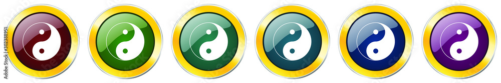 Leinwandbilder ying yang glossy icon set, silver metallic golden vector illustrations in 6 options for web design a