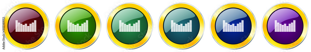 Aufkleber sound glossy icon set, silver metallic golden vector illustrations in 6 options for web design and m