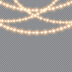 Glowing Christmas lights isolated realistic design elements. Garlands, Christmas decorations lights effects.