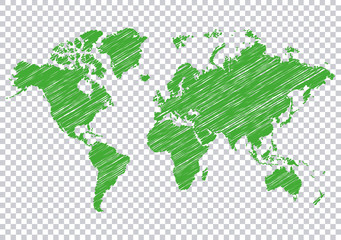 Fototapeta na wymiar green scribble world map on transparent background