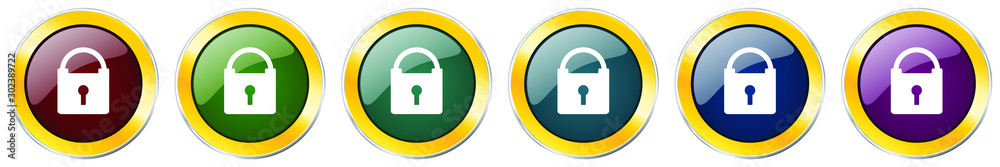 Aufkleber Padlock glossy icon set, silver metallic golden vector illustrations in 6 options for web design and mobile applications