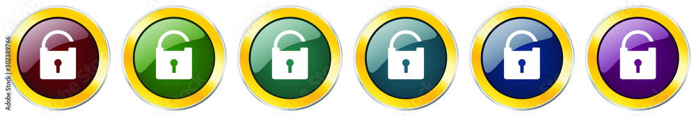 Aufkleber padlock glossy icon set, silver metallic golden vector illustrations in 6 options for web design and