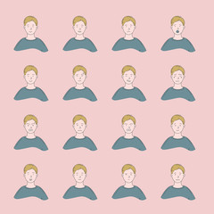Young man with different facial expressions.Young boy smiling, happy, kind, unhappy face character.Set of man emotions.Facial expression.Lifestyle concept.Vector design illustrations.