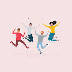 Happy jumping office workers.Happy group of friend office worker jumping.Young female and male students isolated clipart.Cheerful corporate employees cartoon characters.Lifestyle concept