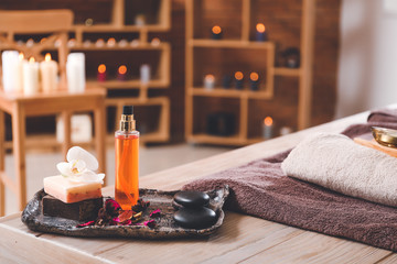 Composition with spa items on table in salon