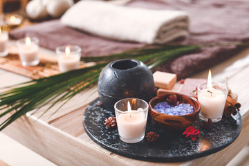 Composition with spa items on table in salon