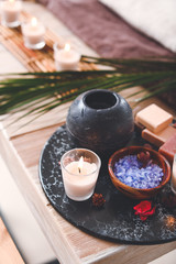 Composition with spa items on table in salon
