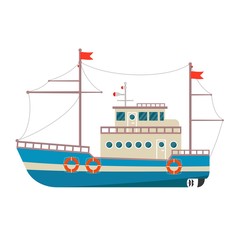 Commercial fishing boat side view isolated icon. Sea or ocean transportation, marine ship for industrial seafood production vector illustration in flat style.
