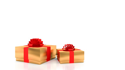 Decorative gold gift boxes with red ribbons with white background., 3D rendering.