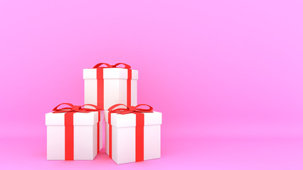 Decorative gift boxes with red bows and ribbons with pink background., 3D rendering.