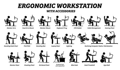 Ergonomic computer desk, workplace, and workstation. Stick figure pictogram icons depict ergonomic accessories for office work with good posture and support.