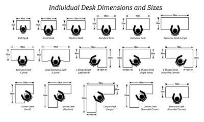 Different individual desktop table dimensions and sizes. Stick figure pictogram icon depict the top view of desk dimensions, shapes, and designs for workstation and workplace.