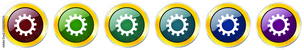 Aufkleber gear glossy icon set, silver metallic golden vector illustrations in 6 options for web design and mo