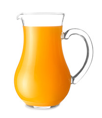 Jug of fresh orange juice on white background