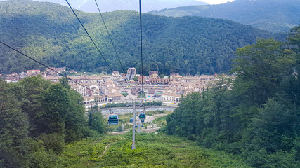 Krasnaya Polyana filmed from the cab of the cable car. Krasnaya Polyana Sochi.